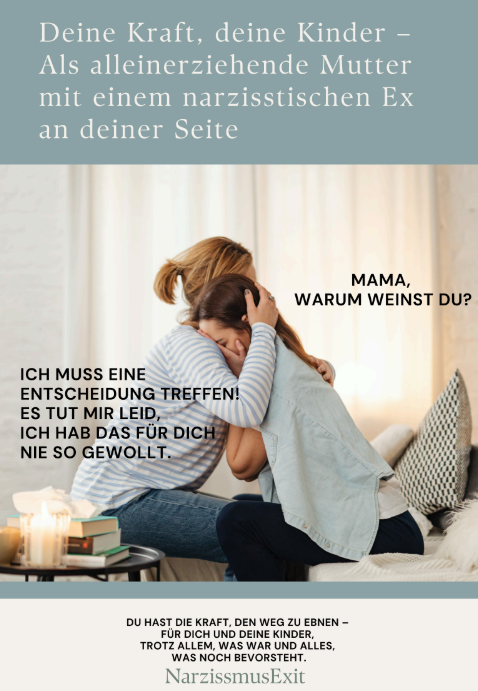 Auf dem Bild sieht man einen Screenshot der ersten Seite vom ebook von Silvia Lenk. Als Überschrift kann man lesen: deine Kinder deine Kraft - als alleinerziehende Mutter mit einem narzisstischen Mann an deiner Seite. Diese Überschrift sieht man in weißer Schrift, in einem mittelblauen Banner, oben am Bildrand. Drunter sieht man eine Mutter mit ihrem Kind, auf dem Boden sitzend, beide liegen sich in den Armen und machen einen sehr traurigen und verzweifelten Eindruck. Die Frau trägt eine weiße Bluse genauso wie das Kind. Die Frau hat mittelbraune Haare zu einem kurzen Zopf nach hinten gebunden und das Mädchen hat brünette, lange Haare und liegt in den Armen ihrer Mutter. Die Mutter hat ihre Arme liebevoll um ihre Tochter gelegt.